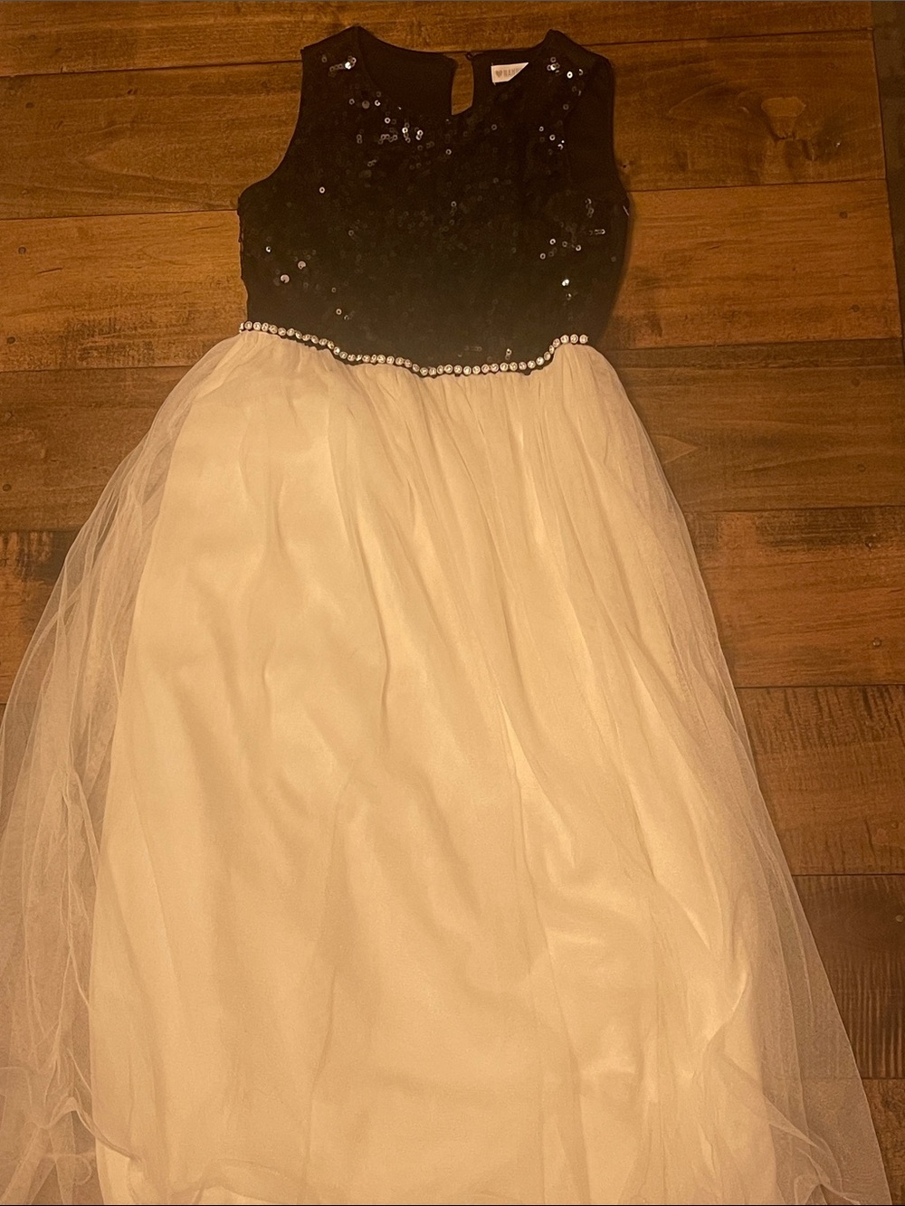 Sleeveless Black Sequin Bodice Ivory Tulle Dress for Girls